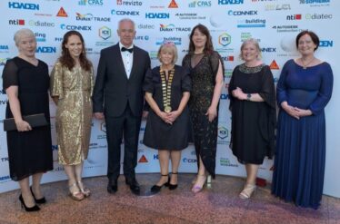 Ann Marie Cusack, Architectural Conservation Officer, Claire Breen, NMS, Tom Mitchell, Mathieu & Mitchell Ltd; Cllr Martina Kinane, Cathaoirleach, GCC, Cllr. Geraldine Donohue, Marie Mannion, Heritage Officer & Bernie Doherty, Galway Community Archaeologist at Awards Ceremony May 1st 2025. Everyone looking splendid in black tie and evening wear.