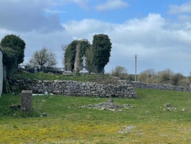 The old abbey, Claregalway in ruins. Blue sky in background and green grass in foreground. Ruins covered with ivy, surrounded by dry stone wall
