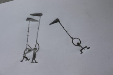 Rock art illustration depicting ritual dancers with halberds, resembling the crane dance | B. Doherty 2025