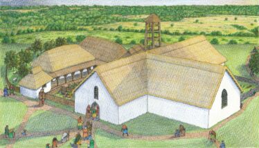 Reconstruction of Kilboght Church showing thatched roof and ancillary buildings imagined by Daniel Tietzsch-Tyler