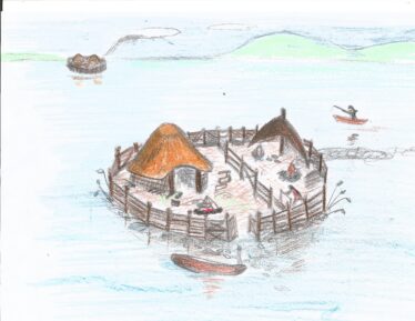 thatched circular hut on a manmade island with a fence surrounding it. small boat tied to fence | B. Doherty 2024