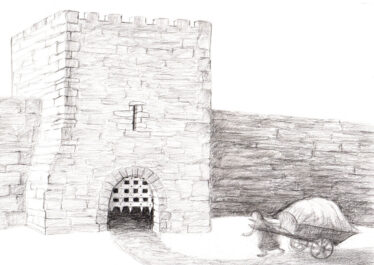sketch of Loughrea Town Gate by Alsion Mc Cormaic shows porticulus, small window above opening and a wall extending from the gate | Alison Mc Cormack
