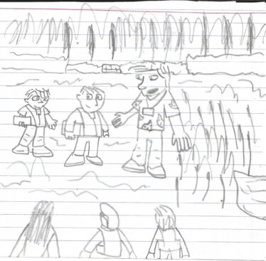 Sketch of children listening to archaeologist.