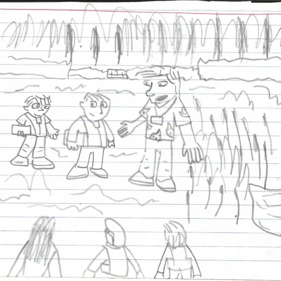 Sketch-by-Darragh-MC-donagh Sketch of children listening to archaeologist. | Darragh McDonagh