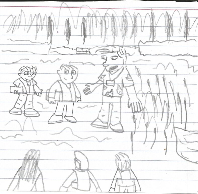 Sketch of children listening to archaeologist. | Darragh McDonagh