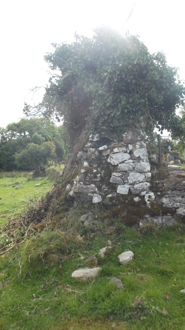 Batterd or sloping stone wall incorporated into graveyard boundary