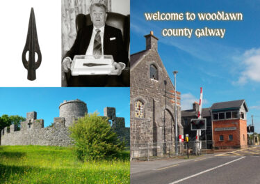 Welcome to Woodlawn. Postcard showing the Moyarwood Spearhead, John Hynes, finder of the spearhead, Woodlawn Station and The trench mausoleum with a clear blue sky behind it