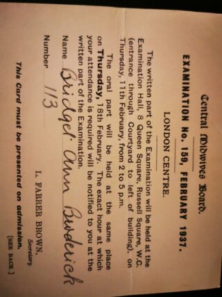 Central Midwifes Board - Examination No. 159 Feb 1937 London Centre Notice Card