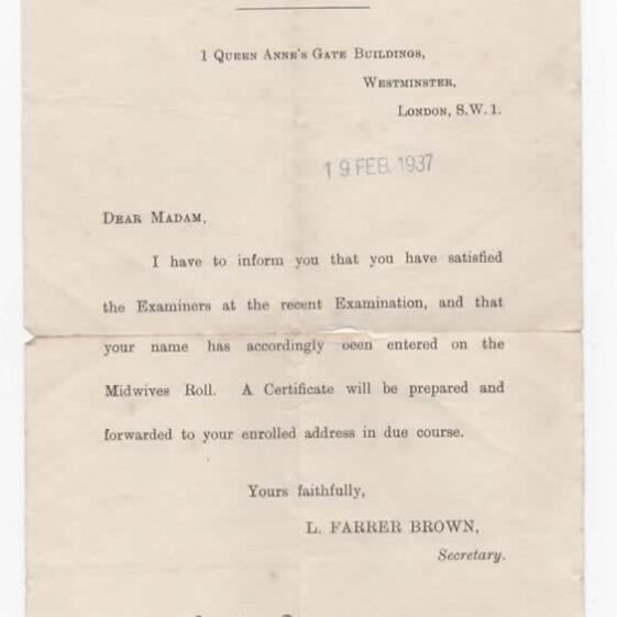 Confirmation of Examination Success Letter : Central Midwives Board | Courtesy of Fr Ray Sweeney