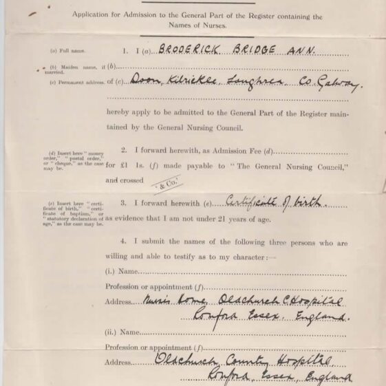 Application to General Nursing Council Application to Saorstat Eireann General Nursing Council Nurses Registration Ireland | Courtesy of Fr Ray Sweeney