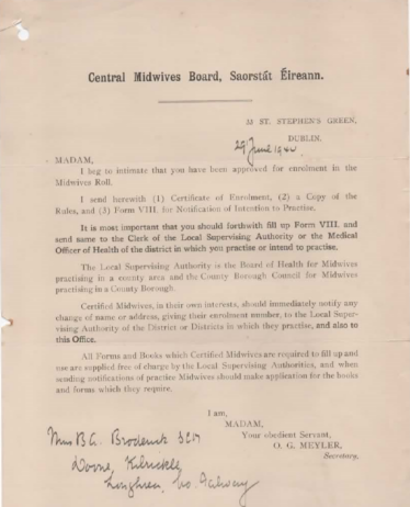 Central Midwifes Board, Saorstat Eirean letter