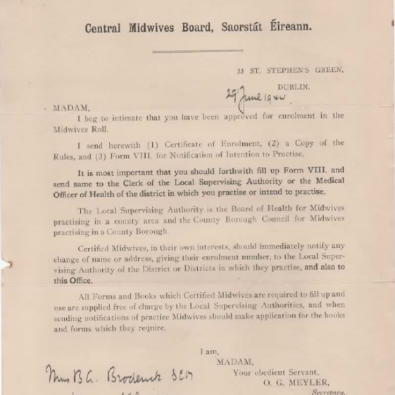 scan 1 Central Midwifes Board, Saorstat Eirean letter | Courtesy of Fr Ray Sweeney