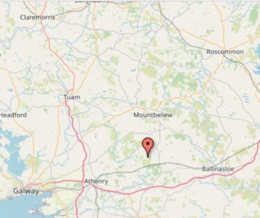 Red mark on map showing location of the townland Corskeagh in the County of Galway south of Roscommon, west of Ballinasloe and east of Athenry