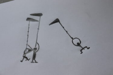 sketch of three people holding long handled weapons with blades at the end looking like the crane's long neck and large beak