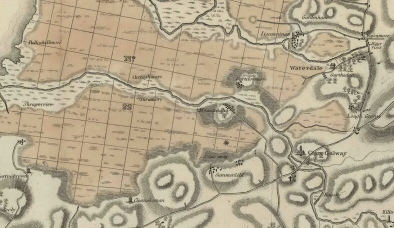 Curraghmore, Montiagh North and Montiagh South townlands minor placenames | The 1812 survey of the Commissioners for Enquiring into the Nature and Condition of of Bogs in Ireland showing the village of Montiagh. It shows the village of Montiagh as an island in the surrounding bog