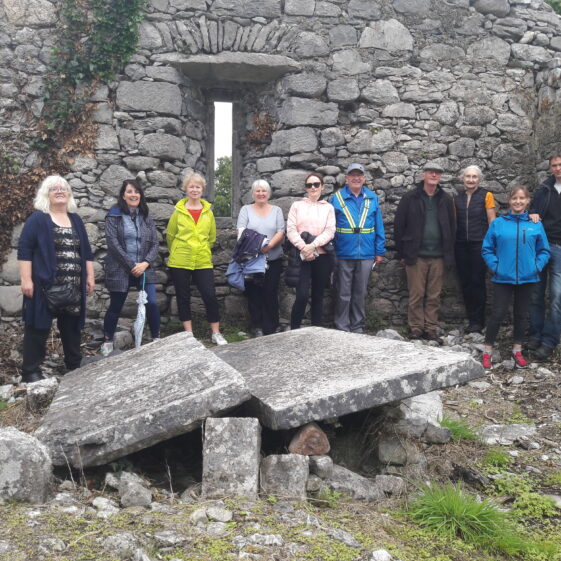 Inside the remains of the tsean reilig at Homefarm Moycullen.  The 2 large recumbent slabs mark the burial spot of members of the O'Flaherty family | Moycullen Historical Society