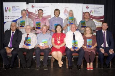 Pictured at the Cathaoirleach’s Community Awards ceremony at The Theatre, Station House Hotel, Clifden were (standing l-r) Brendán Ó Loinsigh Ballinderreen Community Centre, Diarmuid Kelly Cuan Beo Kinvara, John Staunton Meelick-EyreCourt Kayak Club, Pam Fleming Kinvara Arts Group and Mark McNally Moycullen Historical Society. (seated l-r) Vincent Lyons Public Partnership Network, Sunny Murray Athenry Mens Shed, John Bhaba Jeaic Ó Conghaile Lettermullen, Cathaoirleach Eileen Mannion, Tom Broderick Oranmore and Kevin Kelly, CEO Galway County Council.