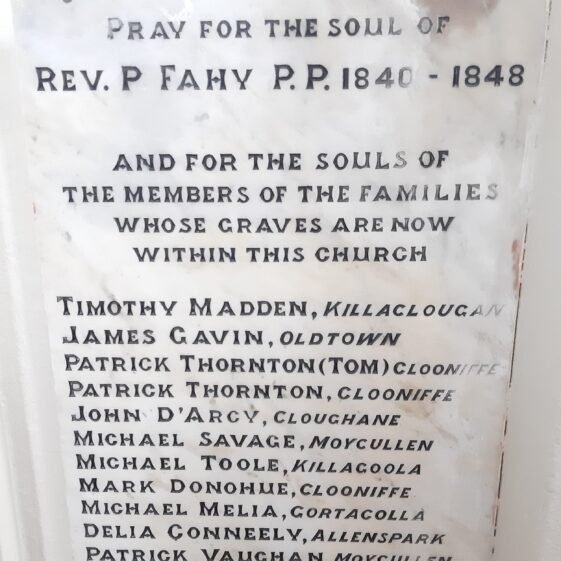 Memorial to Rev P Fahy at the Church of the Immaculate Conception Moycullen | Photo Moycullen Heritage