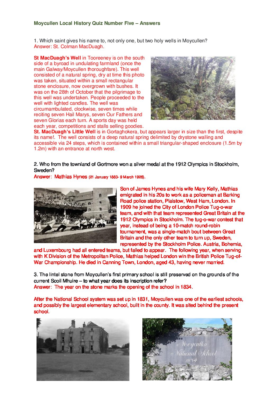 Moycullen Heritage Quiz 5 Answers