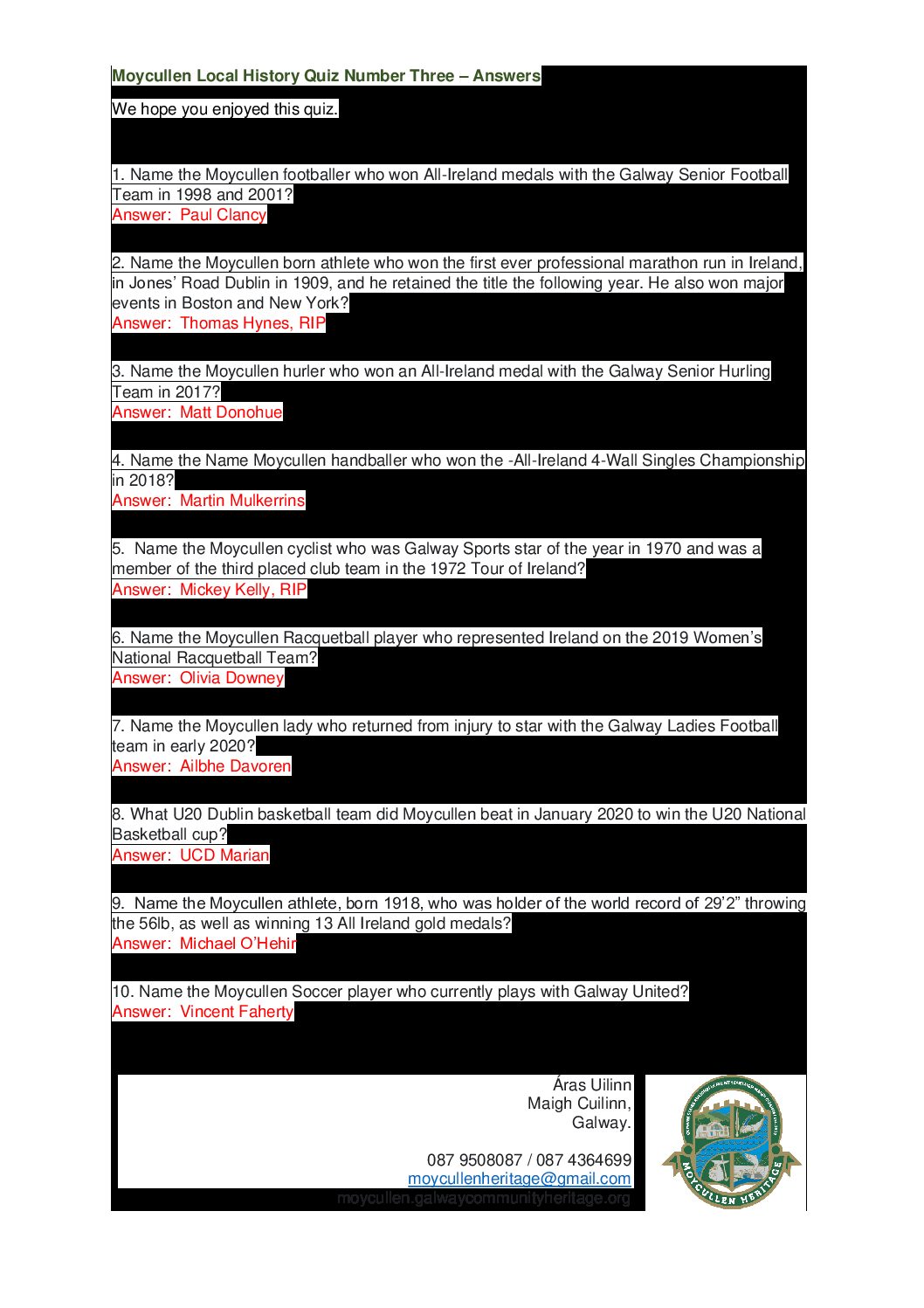 Moycullen Heritage Quiz Three Answers