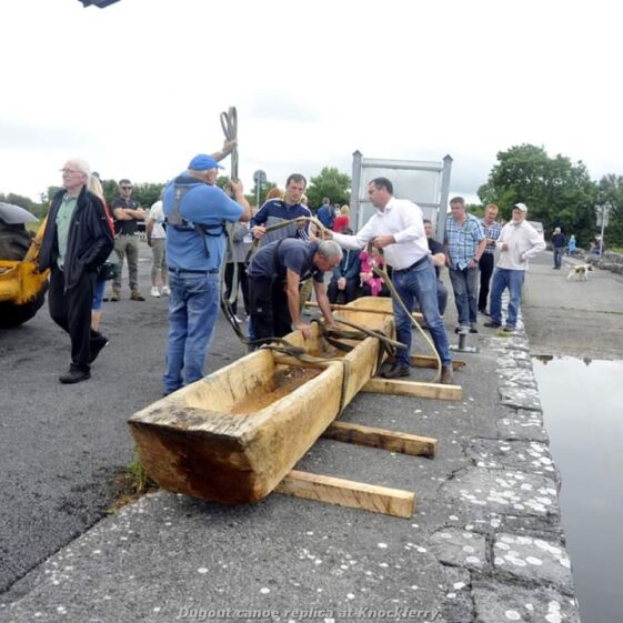 Final preparations before launch of replica Lee's Island 5 log boat at Knockferry pier | Moycullen Heritage