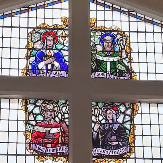 20210201_105643 St Brigid is depicted on the bottom right quadrant of the west facing window at The Church of the Immaculate Conception Moycullen. | Photo Moycullen Heritage