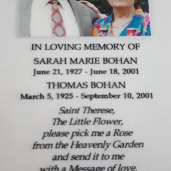 Mortuary Card of Thomas Bohan and Sarah Marie Bohan | Photo Courtesy of Tim Griffin
