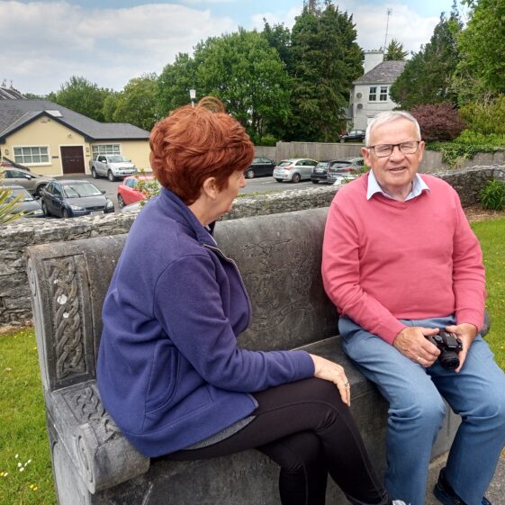 Bernie Higgins and Walter McDonagh having a chat on Ruaidhri 'Seat of Learning' Kilarainey | Moycullen Heritage