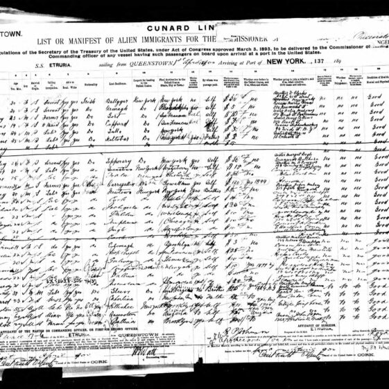 John Joyce on Ships Manifest Etruria 1 April 1900 Queenstown to New York