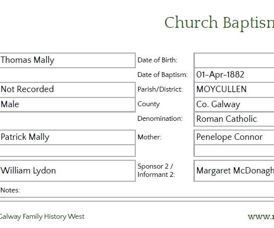 Baptism of Thomas Mally 1 April 1882 - Source www.rootsireland.ie | Roots Ireland