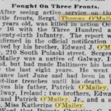 Newspaper Obituary of Thomas O'Malley | The Baltimore 3 December 1918