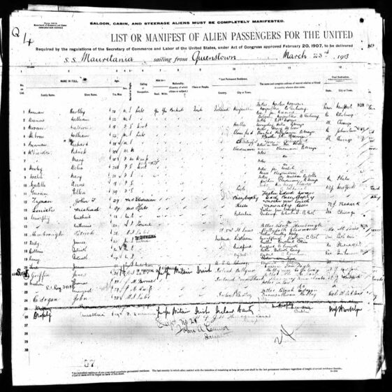 Manifest of Mauretania leaving Cobh on 23 Mar 1913 for New York