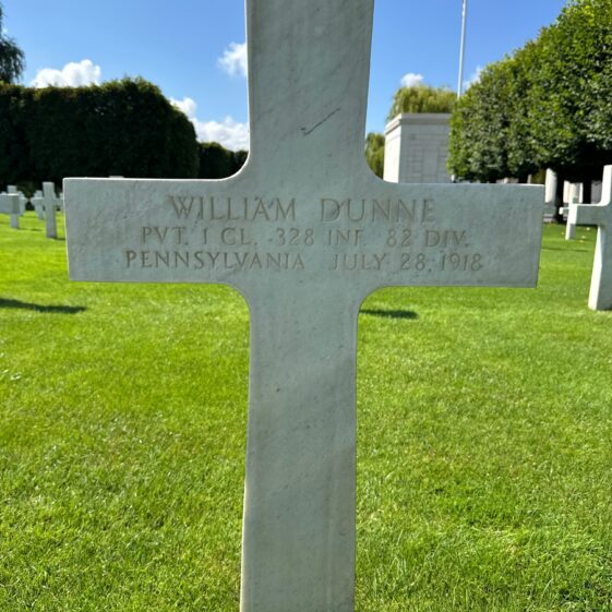 Grave of William Dunne at Plot C, Row 18, Grave 4 in the Saint-Mihiel American Cemetery and Memorial, located in Thiaucourt-Rognieville, Meurthe-et-Moselle, Lorraine, France