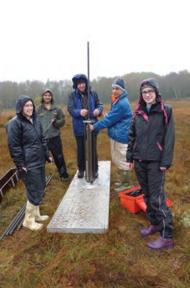 Coring team members Daisy Spencer, Carlos Chique, Pat O'Rafferty, Aaron Potito and Ailbe Conaghan, using a Usinger piston corer | University of Galway