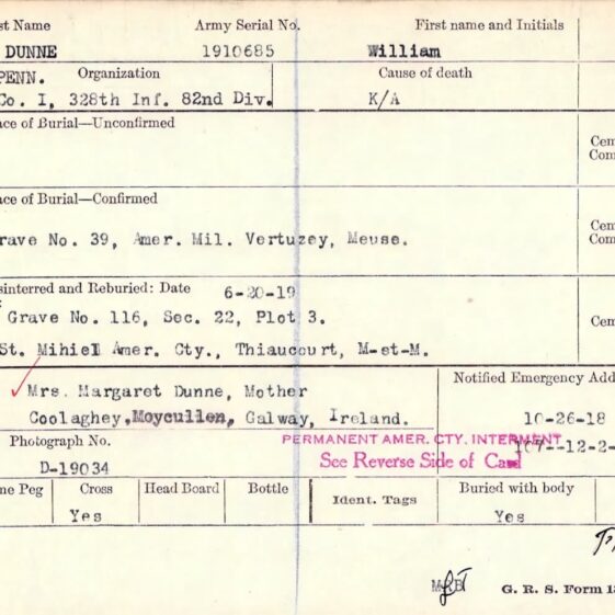 US Army Burial Card of William Dunne | https://uk.forceswarrecords.com/
