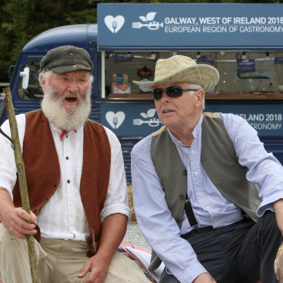 Declan Coyne from Roscommon and Padraic King from Tuam relaxing at the Sheep 2018 exhibition at Teagasc, Athenry with sing a song.Photograph: Hany Marzouk
