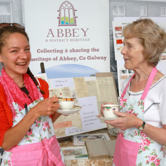 Therese Murphy and Frances Holohan from Abbey Heritage enjoying a cup of tea at their stand at the Sheep 2018 held at Teagasc, Athenry.Photograph: Hany Marzouk