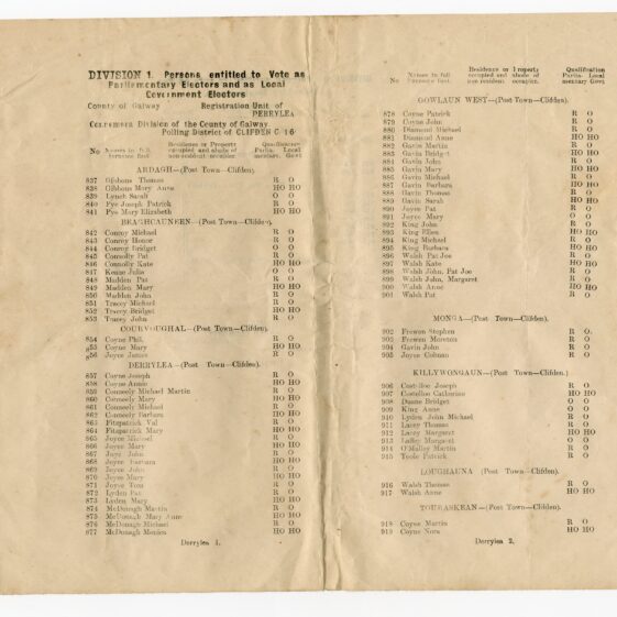 The 1918 Register of Electors for the Unit of Clifden and the Unit of Derrylea