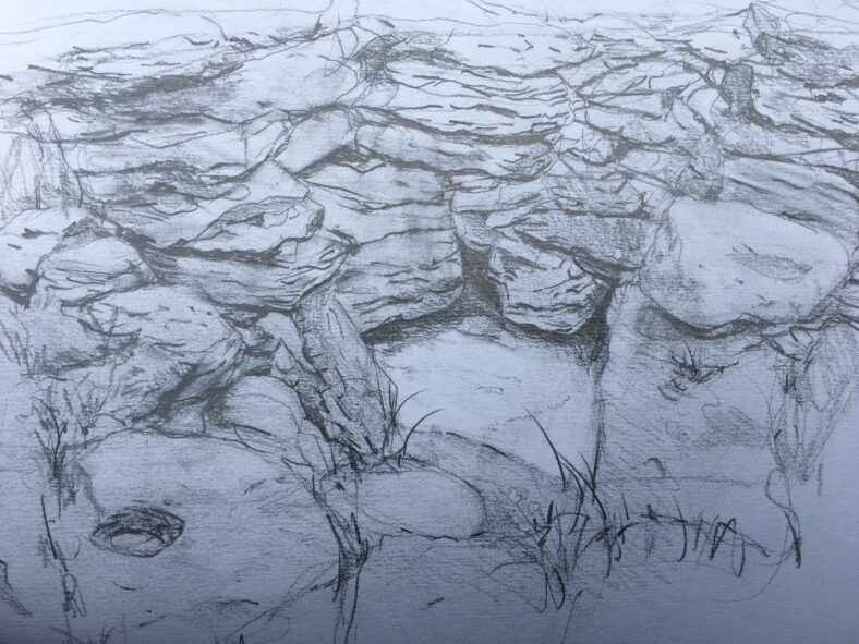 Pencil drawing of Tobar Einne on Inis Oirr | Selma Makela, July 2019