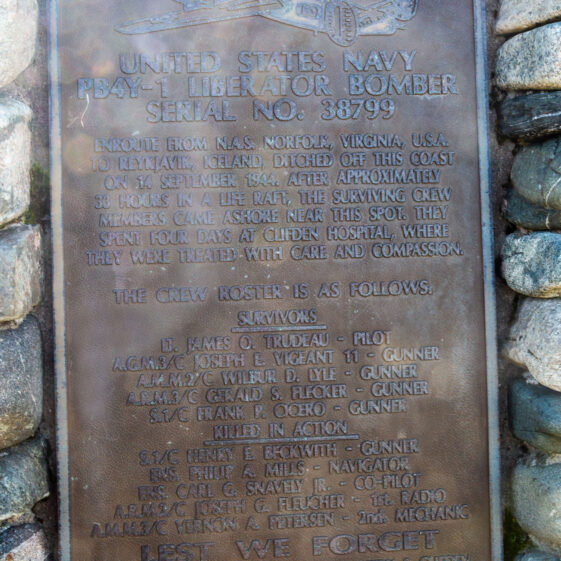 The memorial plaque to the crew of the U.S. Navy Liberator aircraft that crashed of the Galway coast in 1944 while on transit from Norfolk, Virginia to Reykjavik, Iceland.  | Roger Harrison