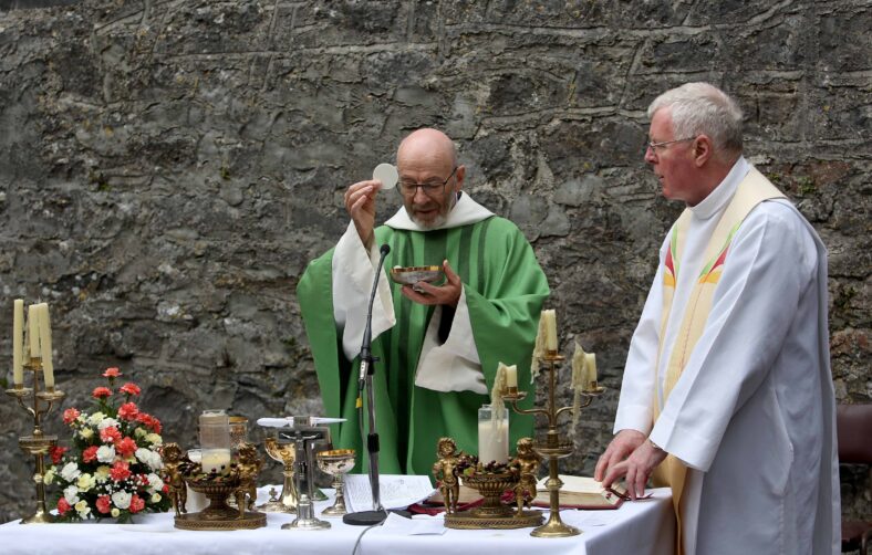 Fr. Michéal McClafferty and Fr. Willie Moran at the open air mass held at the ruins of the Carmelite abbey, Loughrea, Co. Galway as part of Loughrea Medieval festival. 
