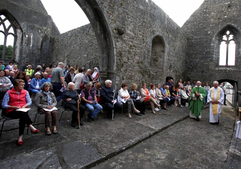 Fr. Michéal McClafferty and Fr. Willie Moran at the open air mass held at the ruins of the Carmelite abbey, Loughrea, Co. Galway as part of Loughrea Medieval festival. 
