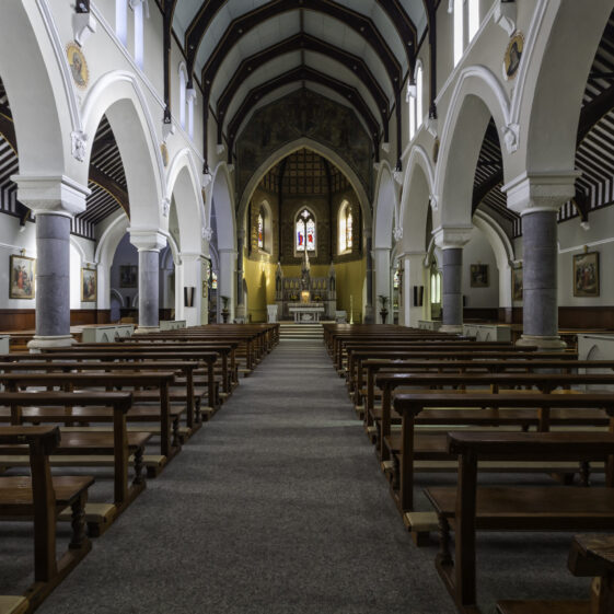 Inside St. Joseph's Church, Clifden.
Lat / Long: 53° 29' 22.56'' N, 10° 1' 9.48'' W.
What3Words: ///rooster.office.inch.
Eircode: H71 NT26
 | Roger Harrison