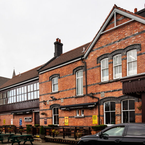 The old station, now the signal bar and restaurant.  
Lat / Long: 53° 29' 18.24'' N, 10° 1' 4.8'' W.
What3Words: ///admit.name.cascade.
Eircode: H71 PX68
