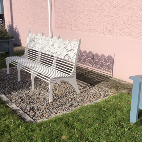 Headford Lace Bench outide St Fursa's Hall, Headford | Headford Lace Project