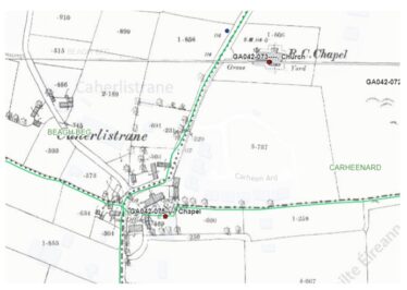 Site of the old Chapel in Carheenard/Ballintleva and the new Church in Carheenard on the 1888-1913 OS Map | Source: https://heritagedata.maps.arcgis.com