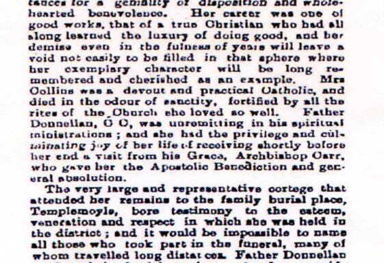 Death of Mrs. Collins, Lakeview, Moylough.