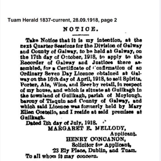Mellodys paper notice Margaret Mellody's application for licence on 2nd July 1918