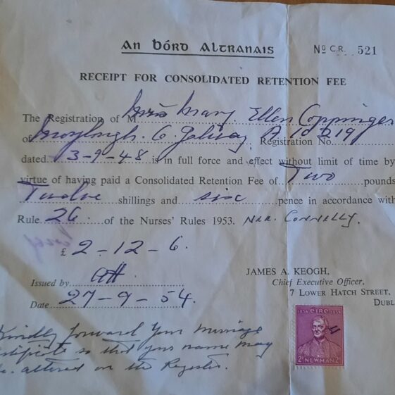 Receipt Receipt for retention of her nursing degree