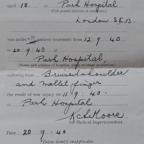 Discharge cert from being bombed in london Discharge Cert
London Hospital